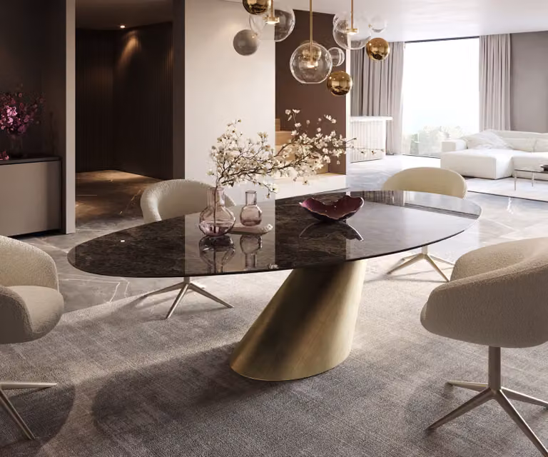 Delife Eettafel Edge Ovaal Keramiek Emperador Extra Lucidato Donkerbruin met Cono Metallic Goud onderstel B: 237 cm, D: 130 cm, H: 76 cm