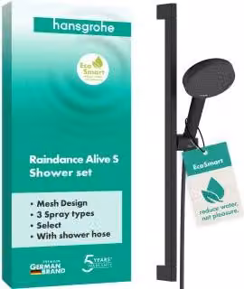 Hansgrohe Raindance Alive Select S doucheset met Unica E Puro 65 cm douchestang en Easy Slide douchehouder, 125 cm, 3 straalpatronen, EcoSmart, matzwart