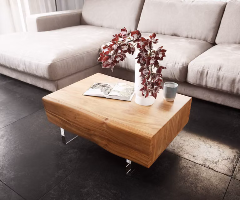 DELIFE Salontafel New Live-Edge van Acaciahout en Acryl, Bruin/Transparant, B: 80 cm, D: 60 cm, H: 38 cm