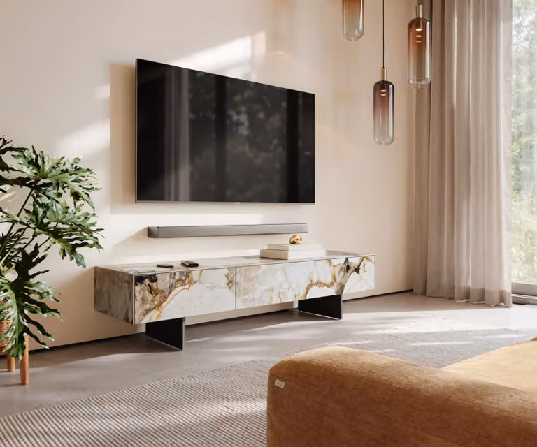 Tv-meubel Cuor 150 cm met Keramiek Patagonia gepolijst, 1 flap en 1 lade, zwevende voet look, Metaal Zwart