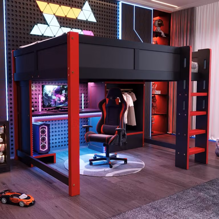 MODENUIT Hoogslaper met bureau, kledingkast en open vakken, RGB-verlichting, Zwart/Rood, B/D: 140 x 200 cm