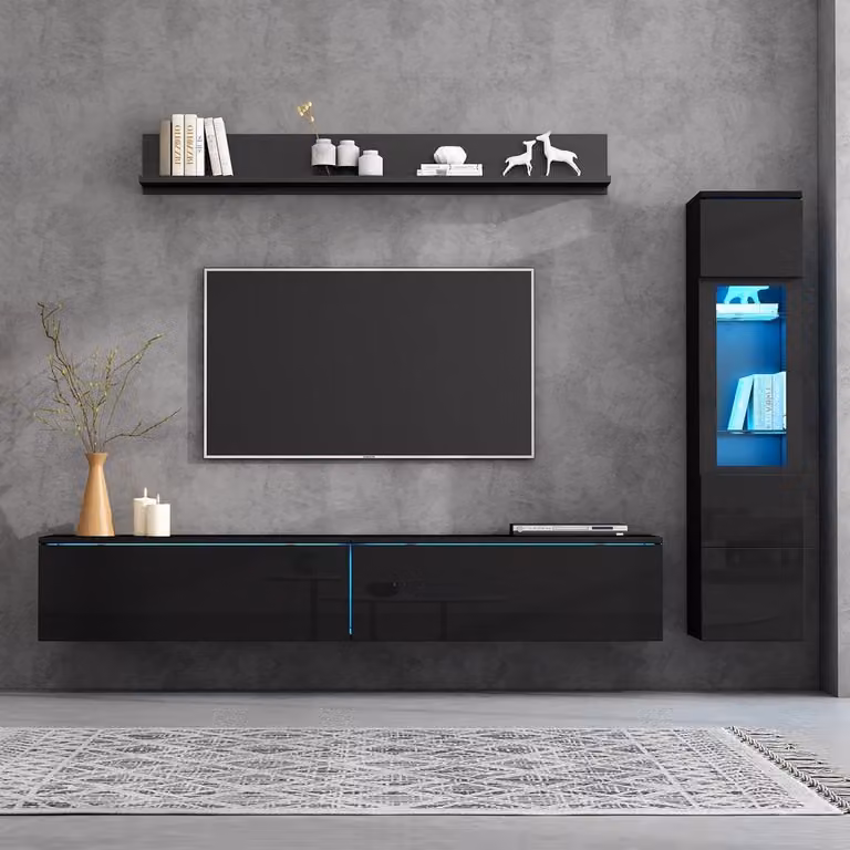Industrohome 3-delige woonwand met LED-verlichting en hoogglans zwart afwerking, inclusief tv-meubel, vitrinekast en hangrek, geschikt voor tv's tot 80 inch, B/D/H: 180 x 33 x 130 cm