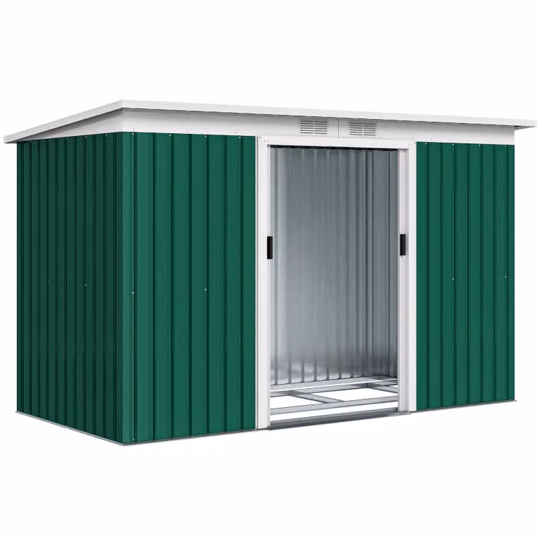 Outsunny Metalen Tuinhuis met Fundering, Weerbestendig Verzinkt Plaatstaal, Schuifdeuren en 2 Ventilatieopeningen, Groen, B/D/H: 277 x 130 x 173 cm