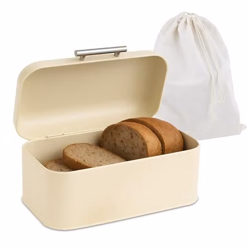 Relaxdays Broodtrommel voor op het aanrecht met broodzak, beige en zilver