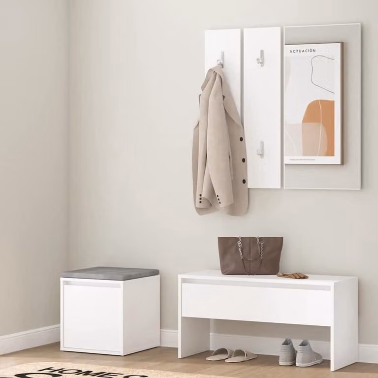 Garderobe Set Wit - Gangmeubelset met Schoenenbank, Lade en Spiegel - Breedte: 80 cm