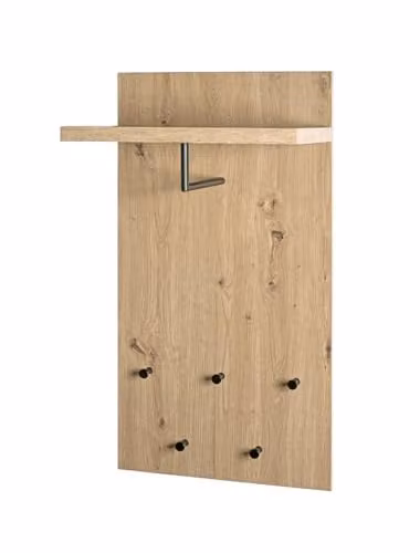 HAKU Wandkapstok Licht Eiken, Modern Kapstokpaneel van MDF en Metaal met 5 Haken, B: 48 cm, D: 31 cm, H: 90 cm