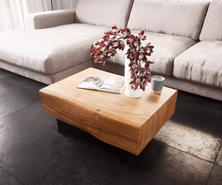 DELIFE Salontafel New Live-Edge van Acaciahout en Metaal, Bruin/Zwart, B: 80 cm, D: 60 cm, H: 38 cm