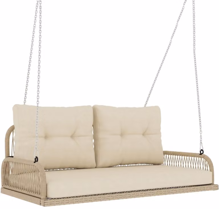 Hollywood Schommel Beige - Rotan 2-zits Tuinschommel met Kussens en Kettingen - Geschikt voor 2 personen tot 240 kg
