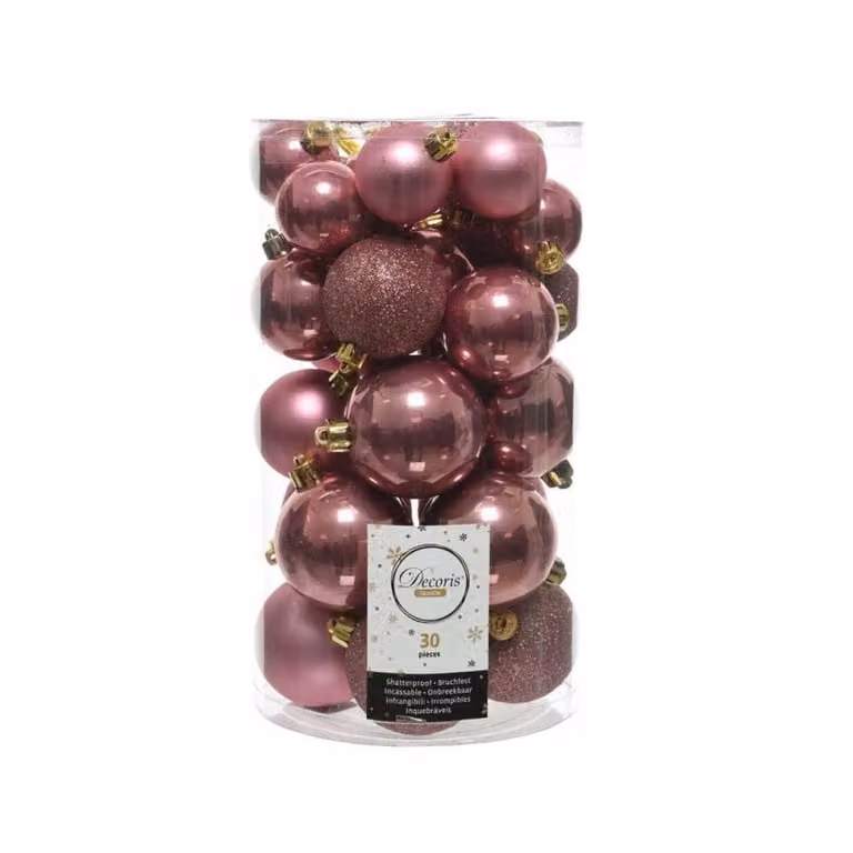 30 onbreekbare kerstballen roze met velours mixkoker