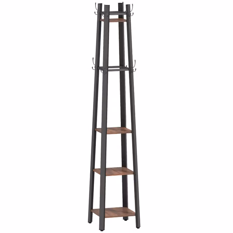 HOMCOM Garderobenstandaard met 4 Niveaus en 8 Haken, Bruin, Industrieel Design, B/D/H: 35 x 35 x 179 cm