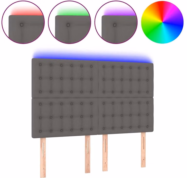 vidaXL Hoofdbord met LED en USB-oplaadpoort, Kunstleer, Grijs, B: 144 cm, H: 118/128 cm, D: 5 cm