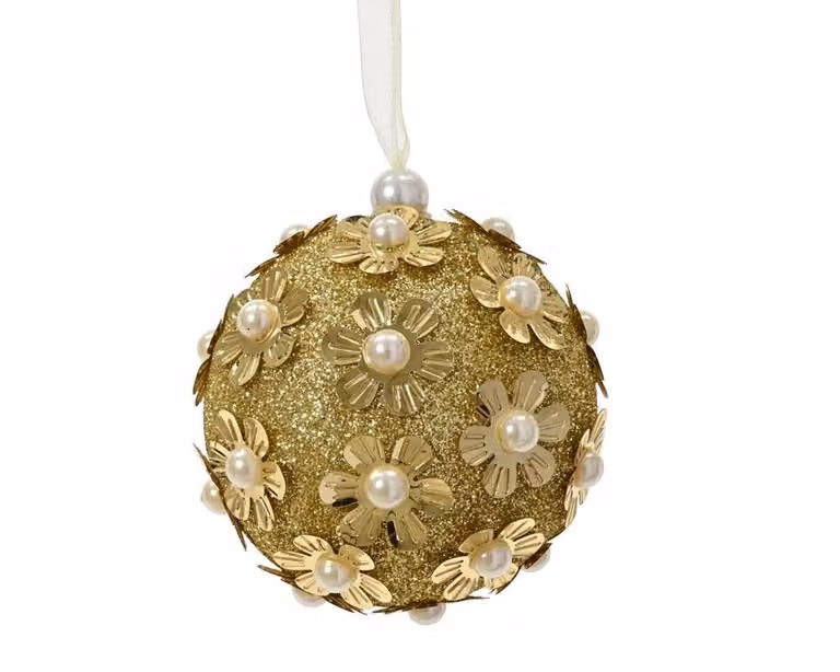 Gouden kerstbal met foam bloemen, diameter: 8 cm