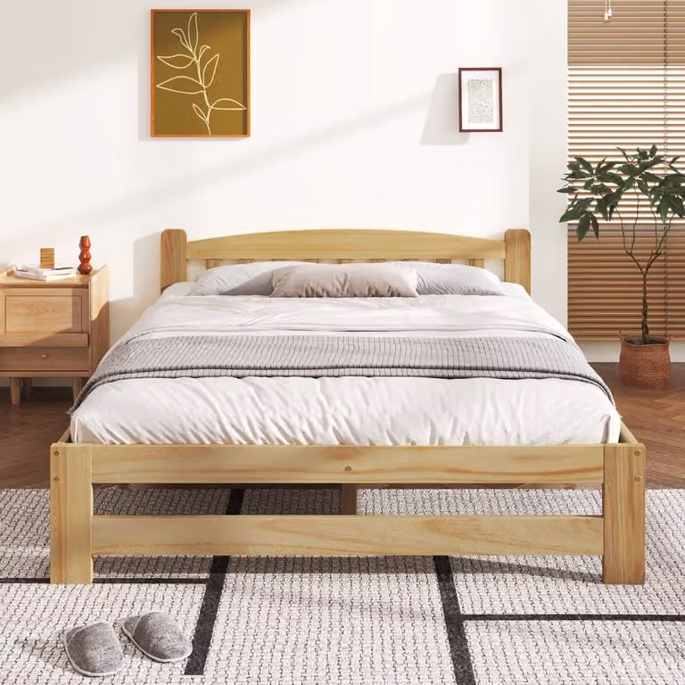 SONNENH Massief houten futonbed met hoofdsteun en lattenbodem, natuurlijk, 140 x 200 cm
