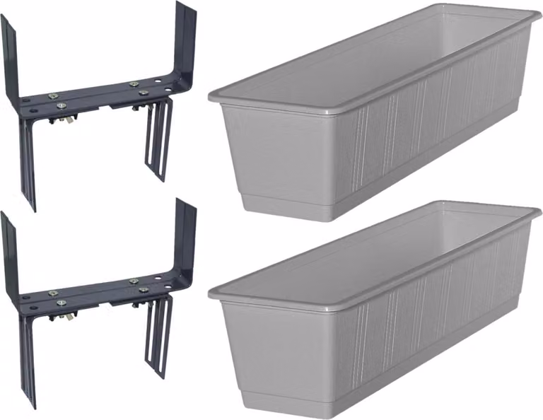 Set van 2 grijze rechthoekige kunststof plantenbakken van 60 cm inclusief 4 verstelbare balkon- en muurbeugels