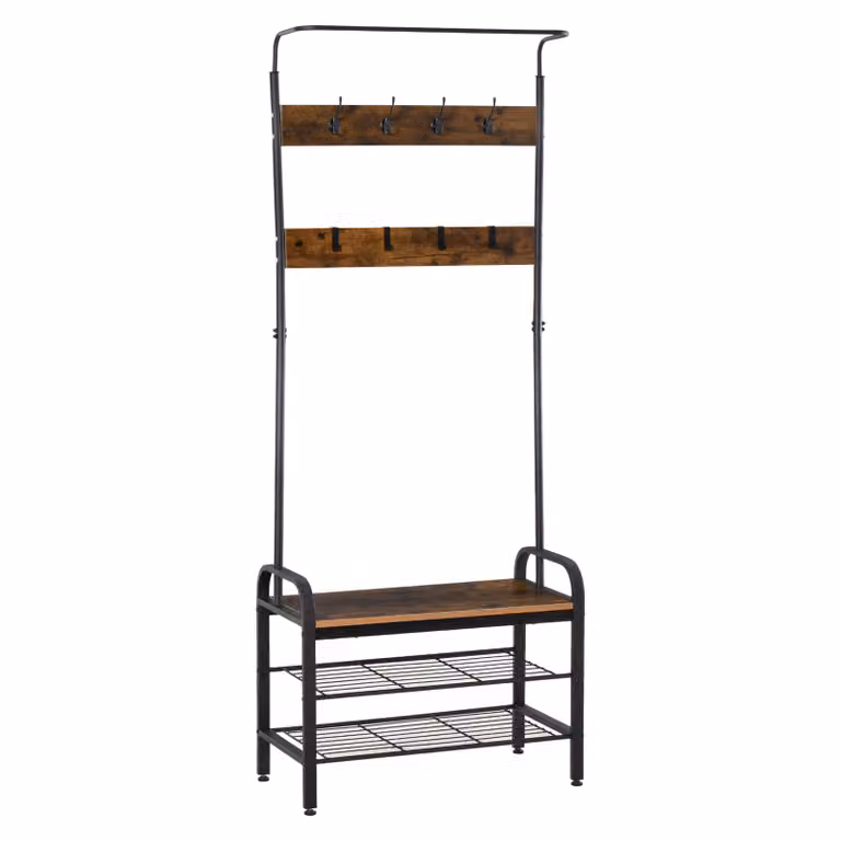 HOMCOM Kapstok met schoenenbank en 8 haken, zwart, B/D/H: 72 x 34 x 185 cm