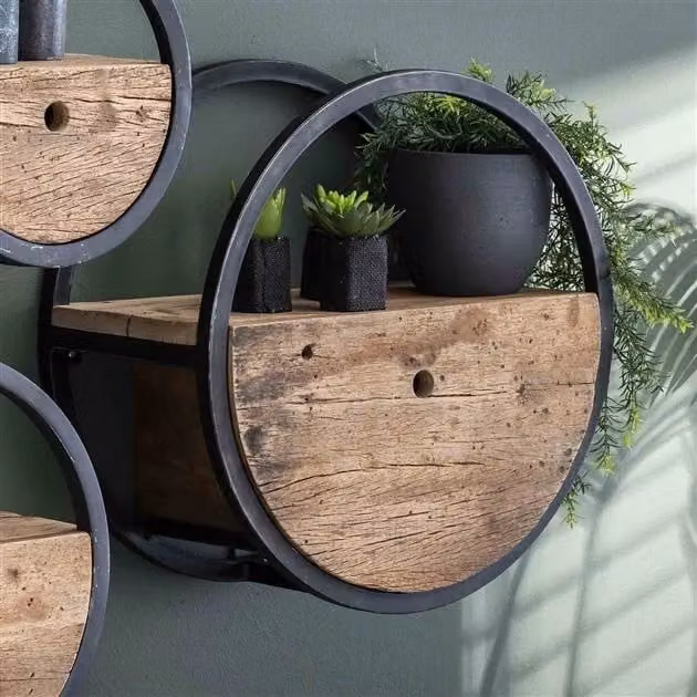 WoonStijl Wandschap Circular met lade - Robuust hardhout en metaal - Bruin/Zwart - Ø 50 cm