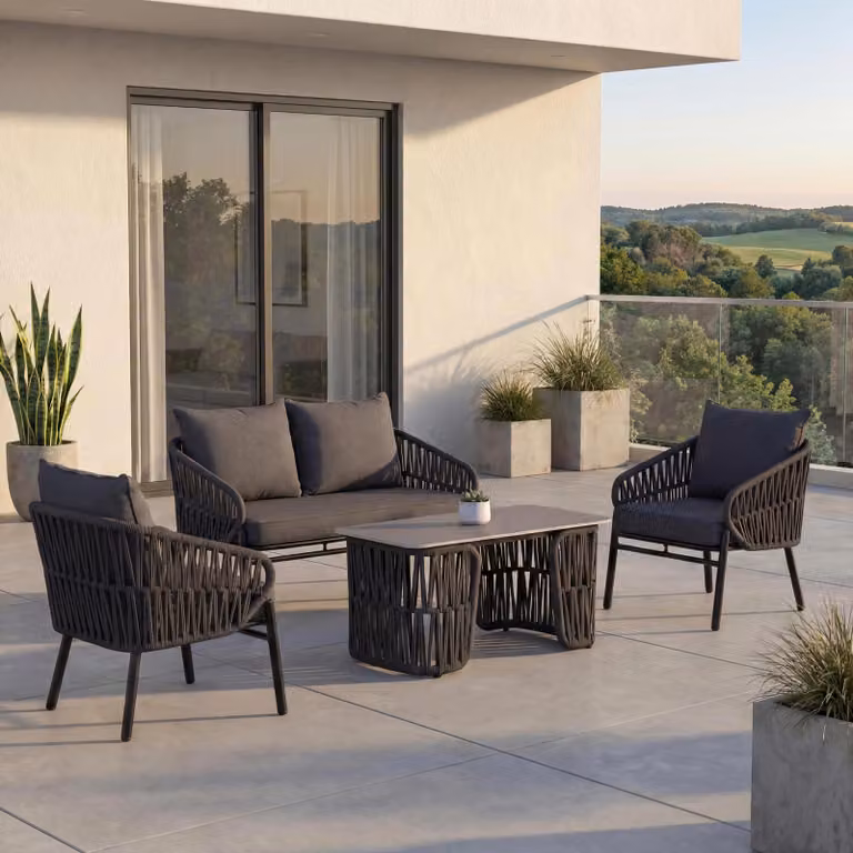 Mendler Tuinset HWC-P90 loungeset met sofa, fauteuil en tafel in antraciet met gevlochten touw en afneembare hoezen