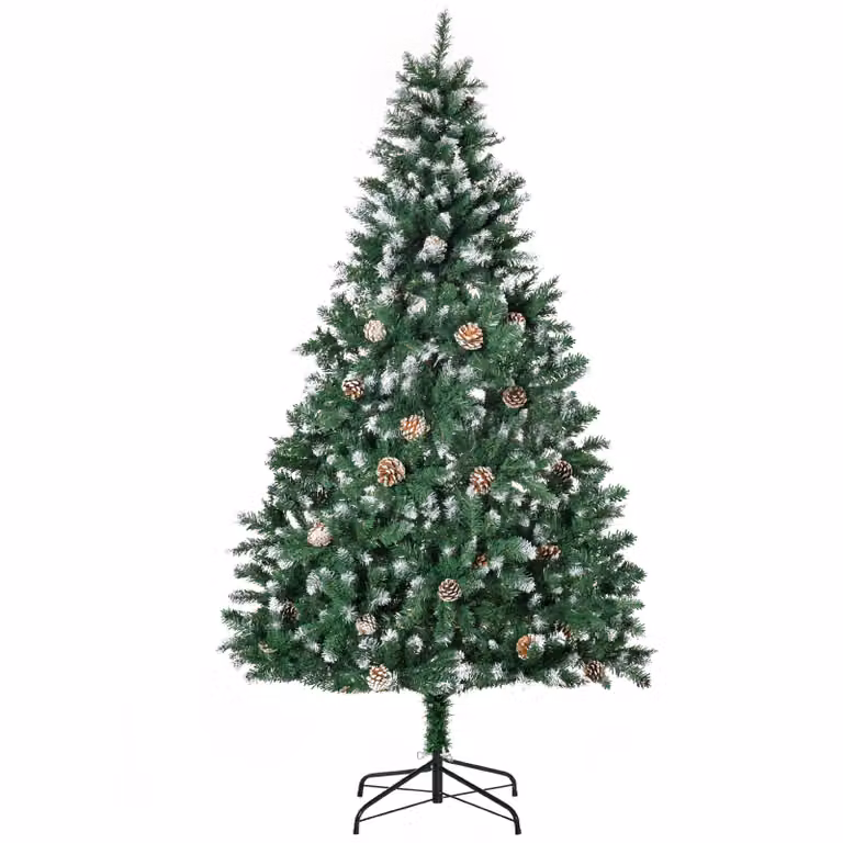 HOMCOM Kunstkerstboom met besneeuwd effect, 180 cm, realistische den met 1111 takjes en 59 dennenappels voor binnen