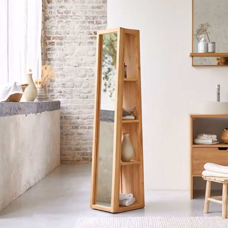 Tikamoon Freestanding Kolomkast van Massief Teak met Spiegeldeuren en Open Plank - Bruin - H: 150 cm, B: 35 cm, D: 30 cm