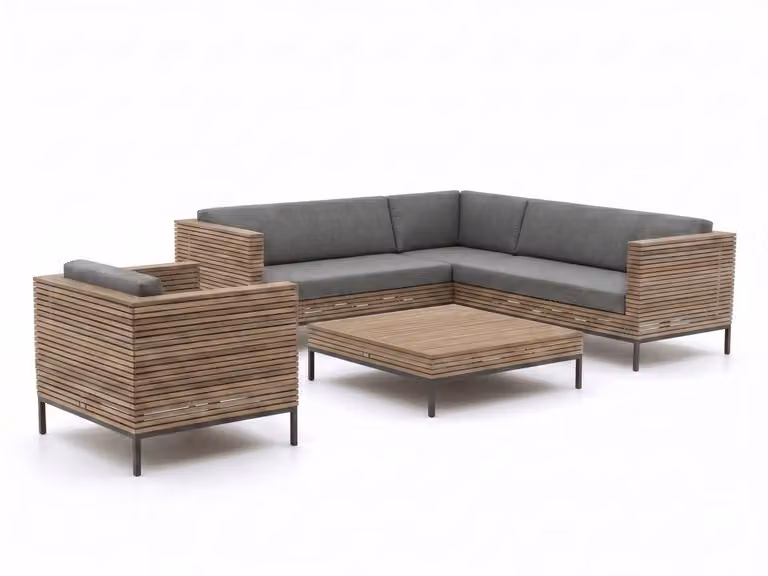ROUGH Hoek loungeset voor 6 personen in Old Teak Greywash met kussens