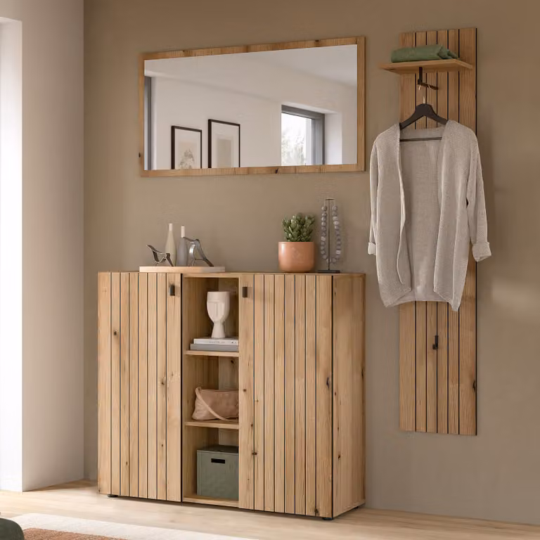 home24 Halmeubelset Station 3-delig combi A, modern garderobeopstelling met spiegel en schoenenkast, bruin/zwart, B: 157 cm, H: 192 cm, D: 37 cm