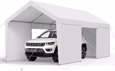 Vevor Carport met zijwanden en deur, Wit, B/D/H: 609 x 365 x 302 cm