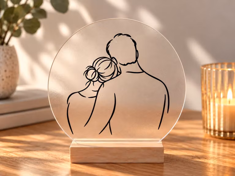 Line Stories Samen – Acrylplaat met Houten Houder – Minimalistische Lijntekening Koppel – 30 cm