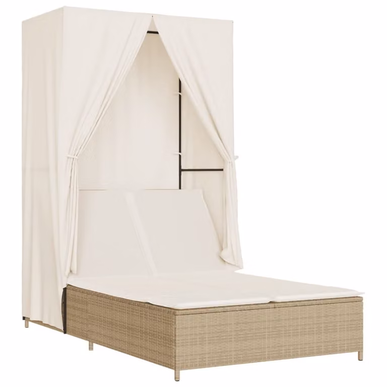vidaXL Dubbele ligbed met zonnedak en gordijnen, beige, polyrotan