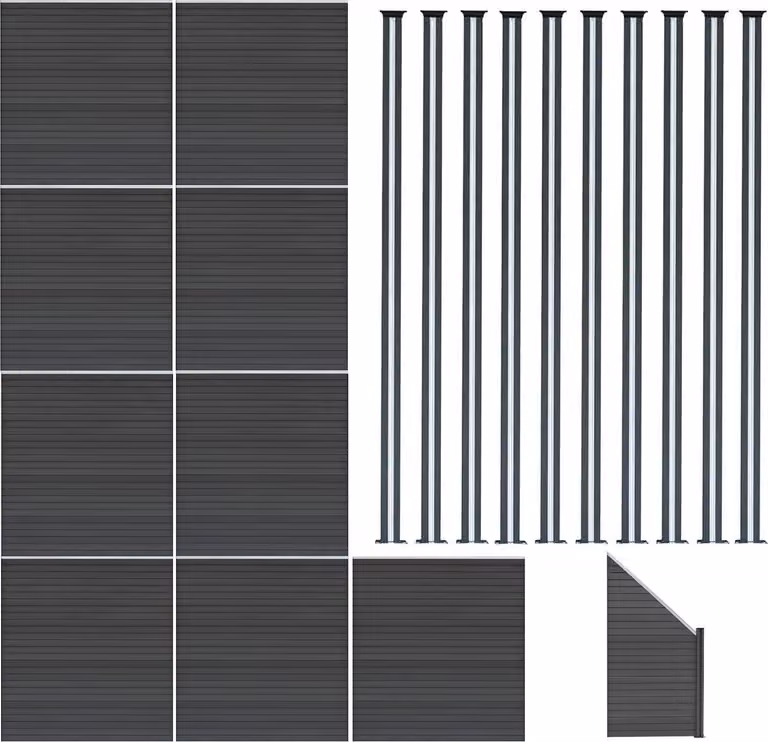 Monster Shop WPC privacy schermen set met 9 schermen, 1 hoekstuk en 10 LED schuttingpalen - Grijs