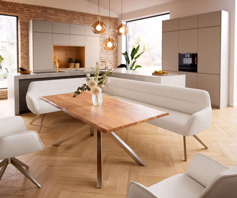 DELIFE Eetkamerbank Taya-Flex L-vormig, Bouclé, Wit/Zilver, B: 282 cm x D: 190 cm