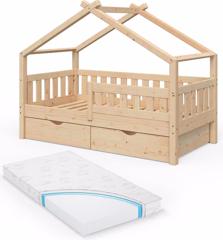 Vitalispa Huisbed Design voor kinderen van natuurlijk massief hout met 2 laden en matras, B/D: 80 x 160 cm, Model 33458