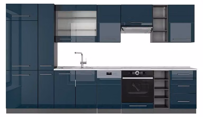 Vicco Fame-Line complete keukeneenheid Donkerblauw hoogglans/antraciet met marmeren werkblad, 355 cm