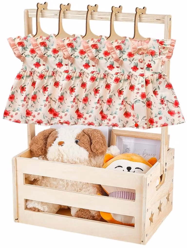 Dailygoods Houten Opbergkist Babyorganizer met 5 Hangers - Crèmekleurig - B/D/H: 34,3 x 23 x 51,5 cm