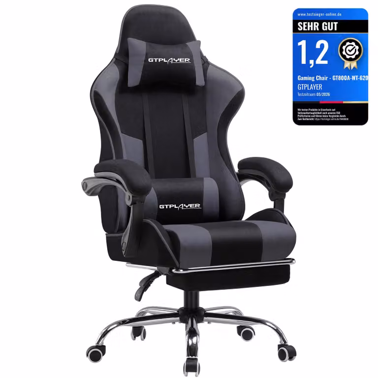 GTPLAYER Ergonomische Gaming Stoel met Voetsteun, Lendensteun en Hoofdsteun, Stoffen Fauteuil, Grijs