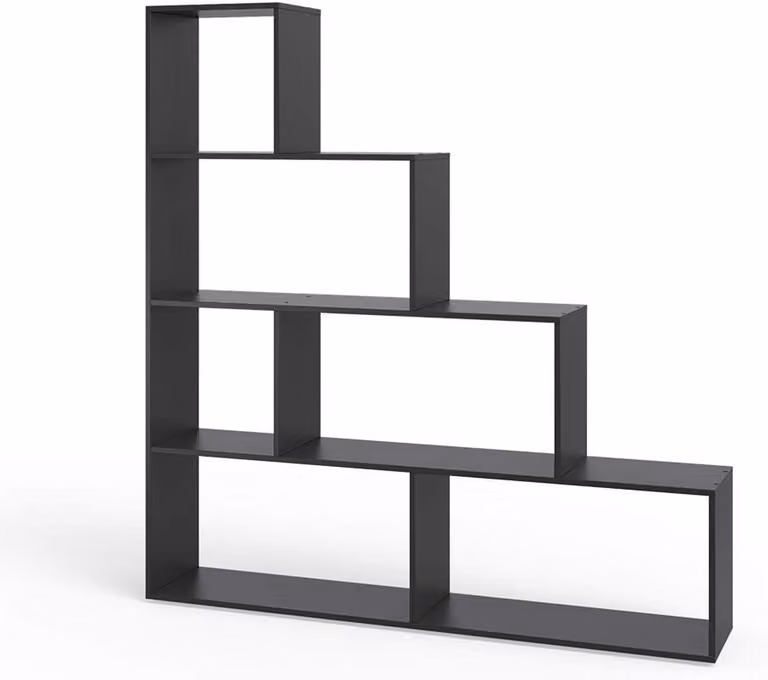 Stapelbaar Trapvormig Opbergrek Asymmetrisch Zwart Ladderkast met Open Achterzijde, Hoogte: 163 cm