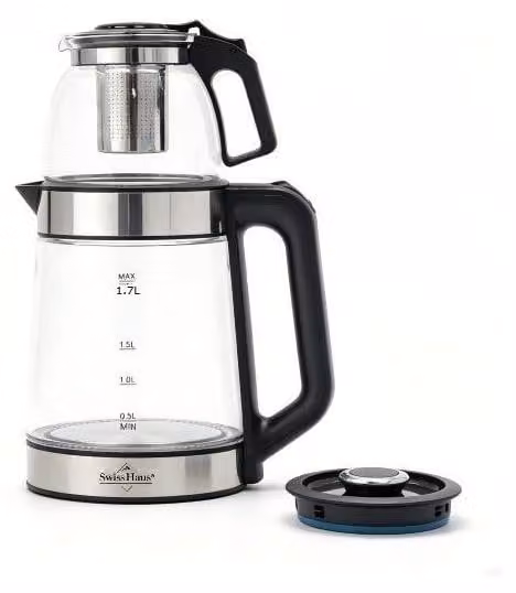 Swiss Haus SH-GWK2220 Set met glazen waterkoker van 1,7 liter en Turkse theepot van 0,5 liter, roestvrij staal, 2200W