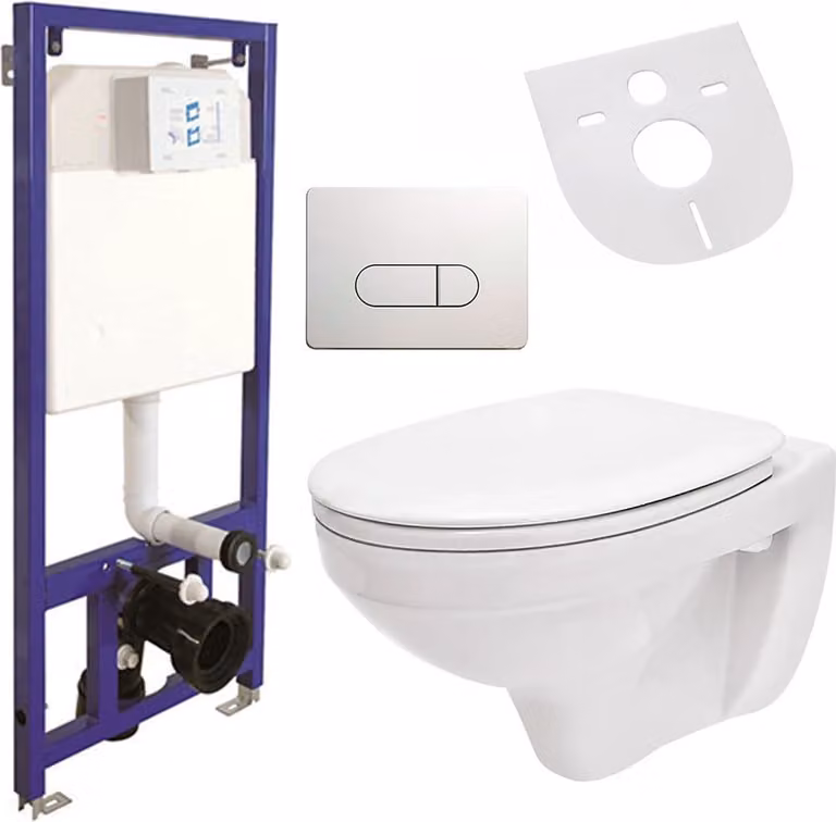Belvit Complete WC-set UNI: Rimloos rond wandtoilet met spoelreservoir, bedieningsplaat en soft-close deksel in keramiek