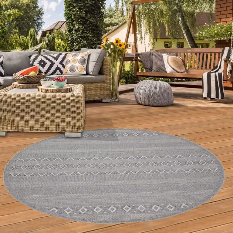 Teppich-Traum Binnen- en buitentapijt met diamantpatroon, grijs, rond, diameter: 160 cm