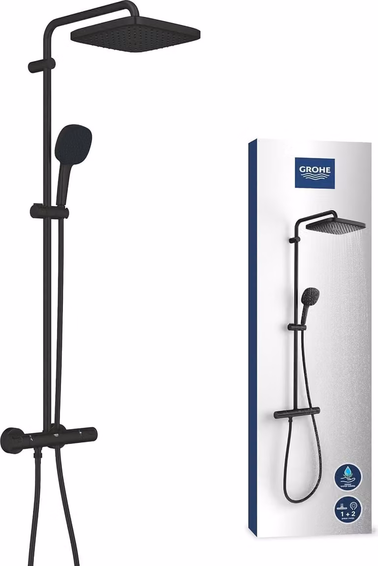 GROHE Vitalio Comfort 250 Douchekolom met Thermostatische Mengkraan, Regen- en Massagestralen, Matzwart