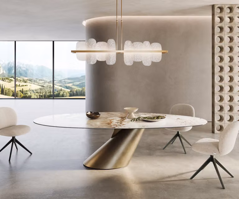 DELIFE Eettafel Edge Oval Minas Melange wit-beige met keramisch blad en goudkleurig metalen onderstel, B/D/H: 237 x 130 x 76 cm