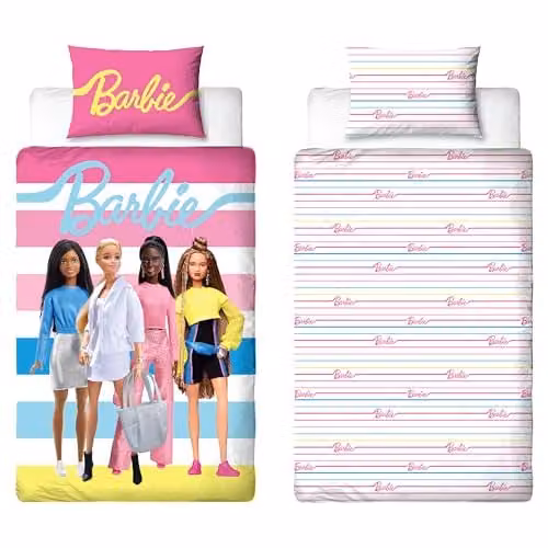 Barbie Officiële Eenpersoons Dekbedovertrek Set met Kussensloop, Omkeerbaar Design, Roze, 135 x 200 cm
