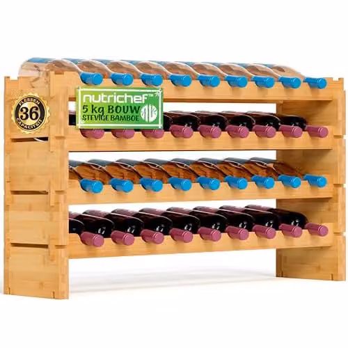 NutriChef Wijnrek van Bamboe, Stapelbaar Flessenrek met 4 Lagen en 36 Flessen Capaciteit, Vrijstaand, B/D/H: 85,1 x 25,4 x 53,3 cm