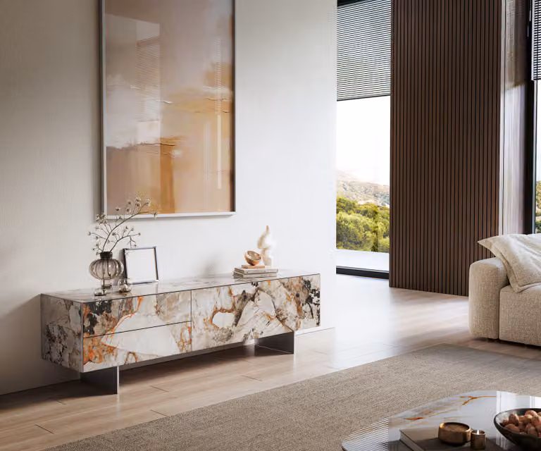 DELIFE Tv-meubel Cuor met Keramiek Patagonia gepolijst, Bruin/Beige/Zilver/Multicolour, B: 180 cm, D: 45 cm, H: 50 cm