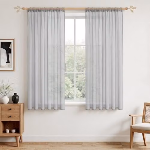 MRTREES Set van 2 Voile gordijnen met oogjes, linnenlook, halftransparant, grijs, H 137 x B 140 cm