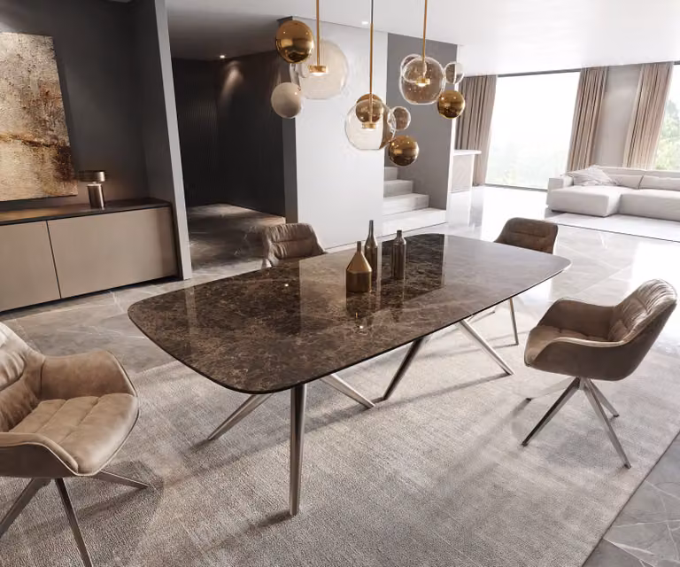 DELIFE Eettafel Edge Boot Keramiek Emperador Extra Lucidato Donkerbruin met Roestvrij Stalen Onderstel, Ovaal en Uitschuifbaar, B: 240 cm, D: 120 cm, H: 76 cm