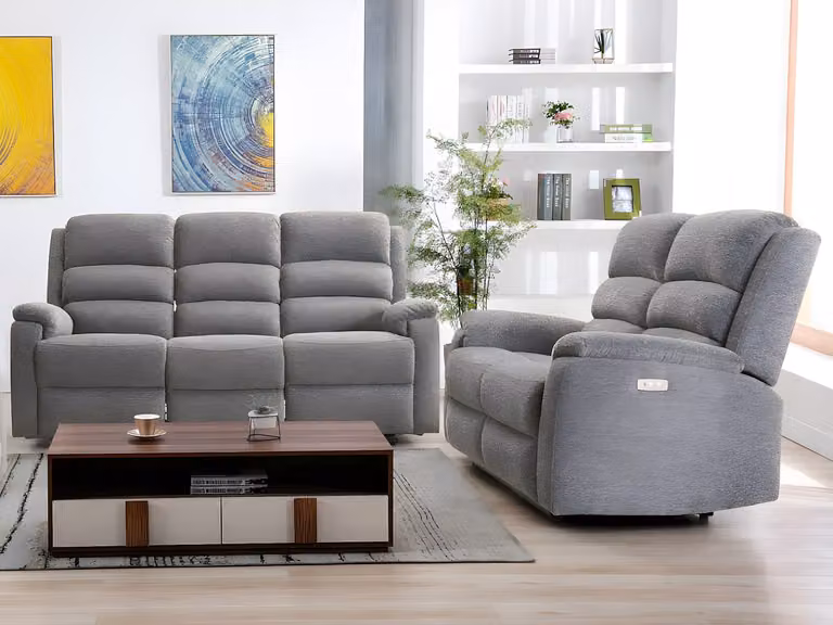 Vente-unique NEVERS Elektrische relaxbank met driezits en tweezits elementen, stof, grijs