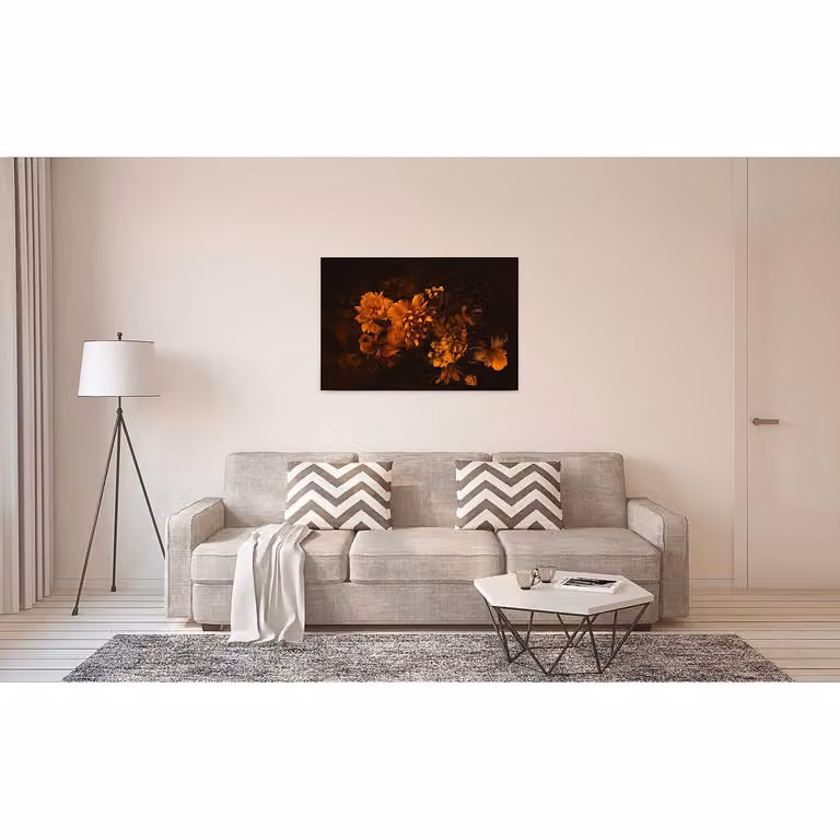 home24 Blossom Variety wanddecoratie oranje met bloemenmotief, 90 x 60 cm