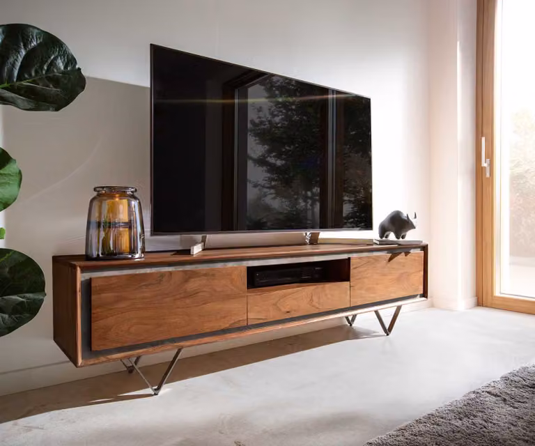 DELIFE Tv-meubel Stonegrace, Bruin en Zwart, Acaciahout, Breedte: 175 cm, Diepte: 45 cm, Hoogte: 35 cm