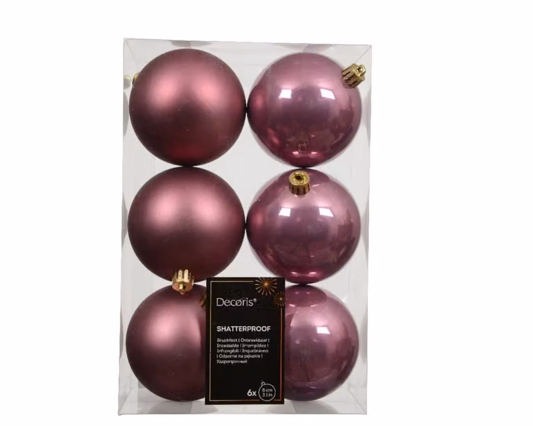 Decoris Set van 6 onbreekbare kerstballen vintage roze, diameter 8 cm