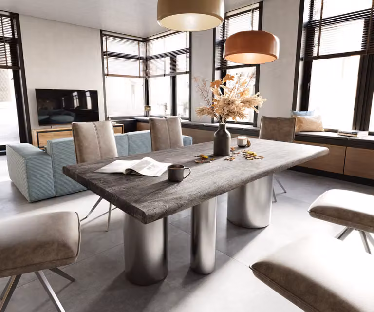 DELIFE Eettafel Edge Acacia Platin Troa met RVS geborsteld onderstel en Live-Edge afwerking, B/D/H: 200 x 100 x 75,5 cm